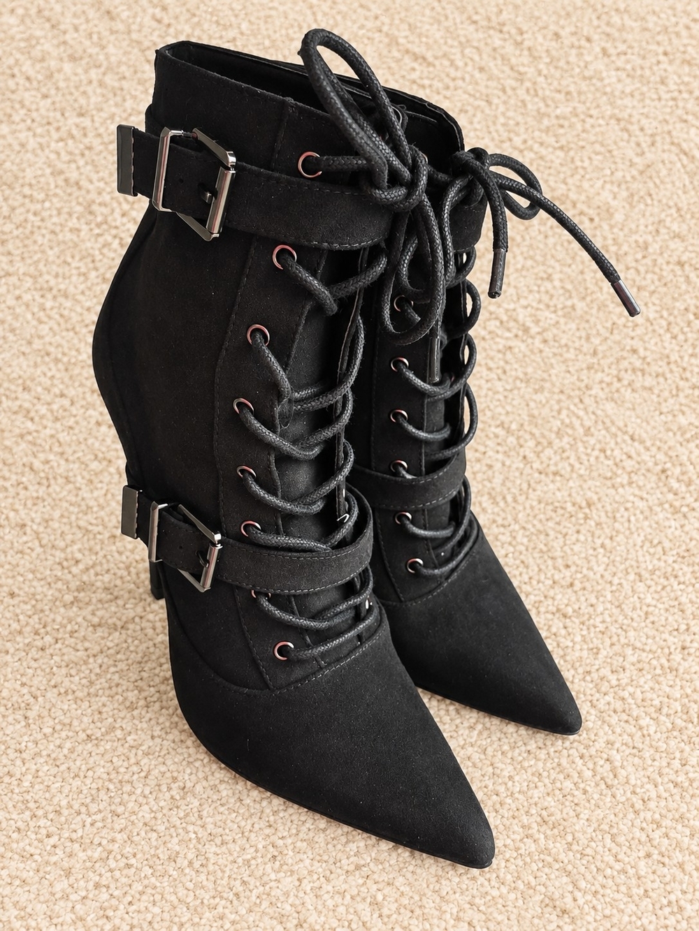 Women’s Black Lace-Up Pointed Toe Ankle Boots with Double Buckle Straps